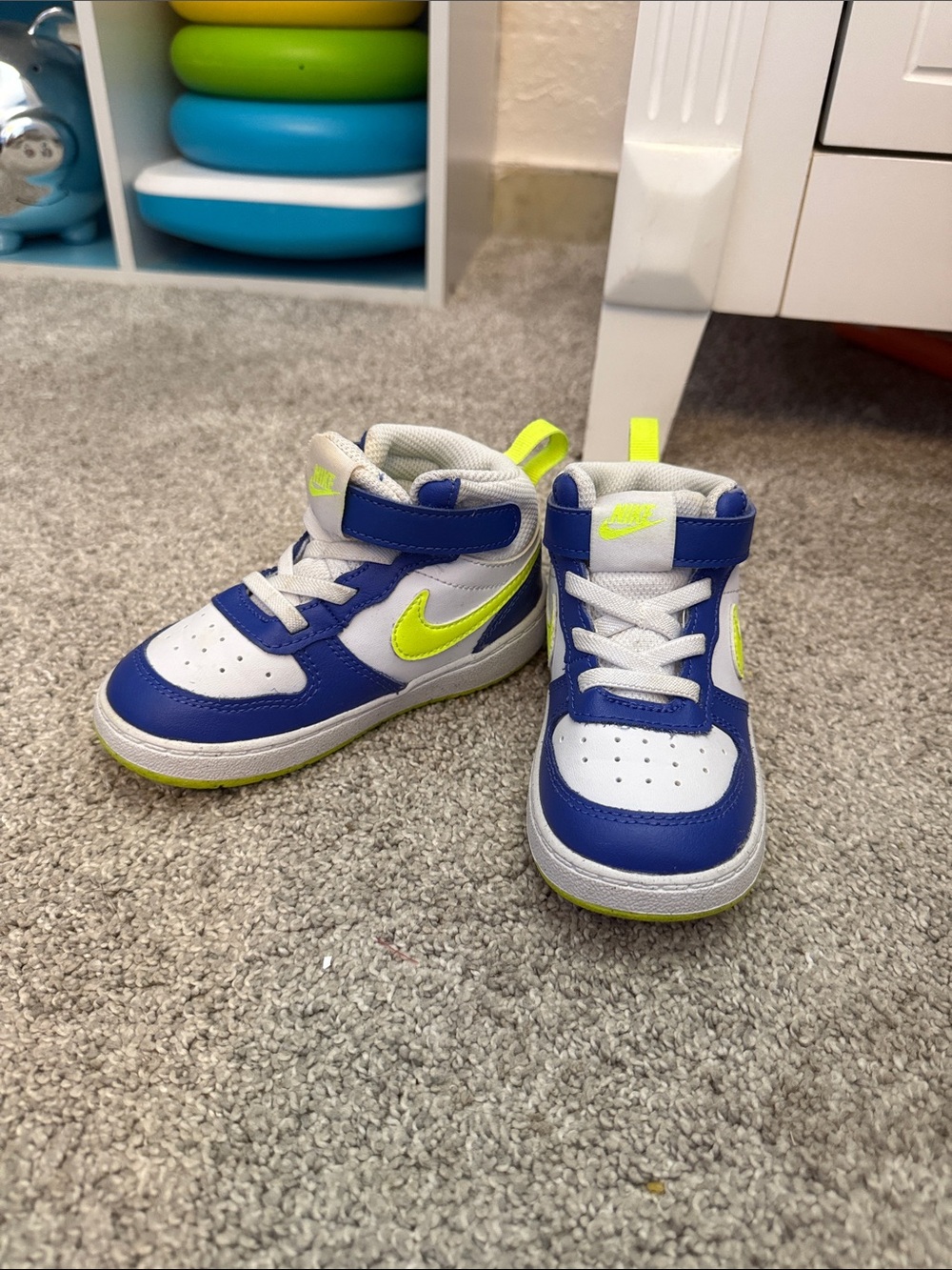 Nike Toddler High-Top Sneakers in Royal Blue, White & Neon Yellow